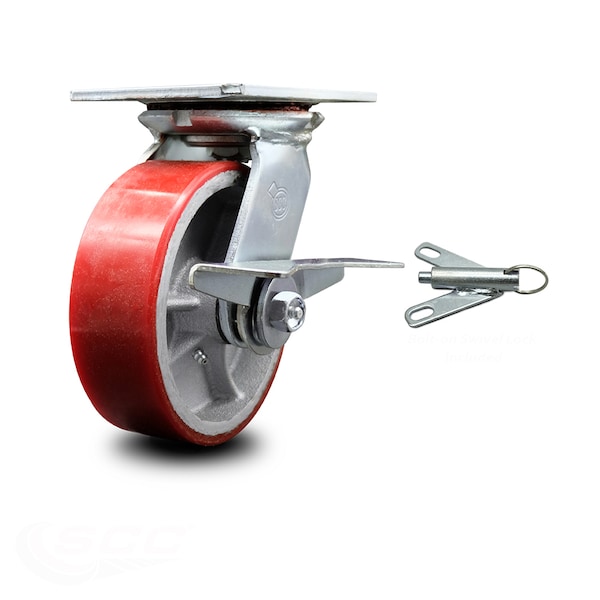 6 Inch Red Poly on Cast Iron Caster with Ball Bearing and Brake/Swivel Lock